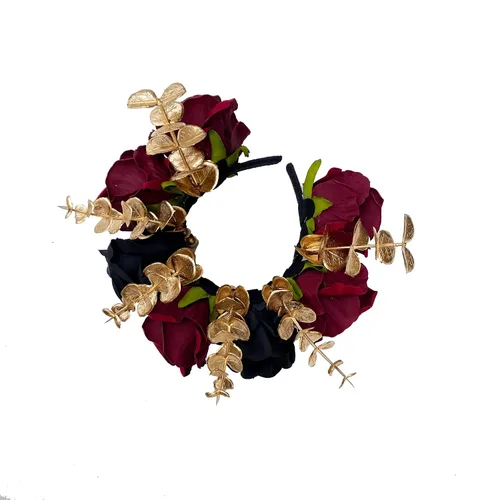 Vista 4 de Ansuma Diadema con corona de flores de rosa burdeos, corona de pelo floral para bodas, fiestas, festivales, cosplay, fotografía, día de los muertos
