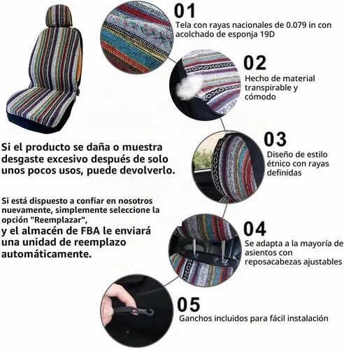 Vista 5 de Funda de Asiento de Coche Manta Baja Saddle 4PCS Delantera a Rayas Multicolor, Funda de Asiento Hippie Boho de Ajuste Universal para Toyota, Honda