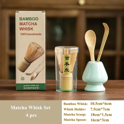 Vista 5 de Juego de batidor de matcha, juego de 4 piezas, batidor de bambú matcha + soporte para batidor de cerámica + cuchara+cuchara, 100% hecho a mano