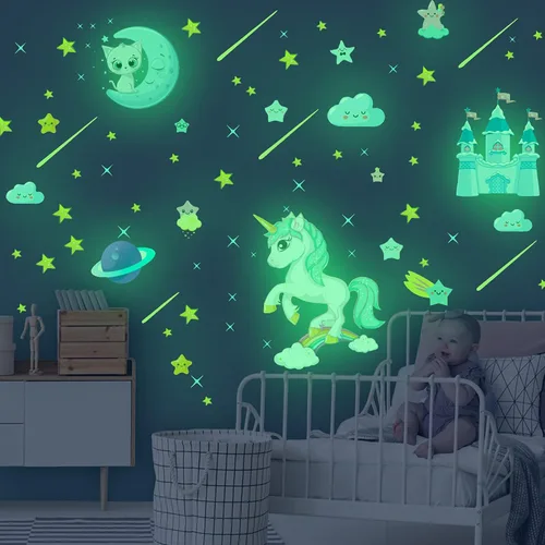Vista 14 de Estrellas que brillan en la oscuridad para la habitación, adhesivos de pared/techo que brillan de gatos, calcomanías de mariposas de gatito