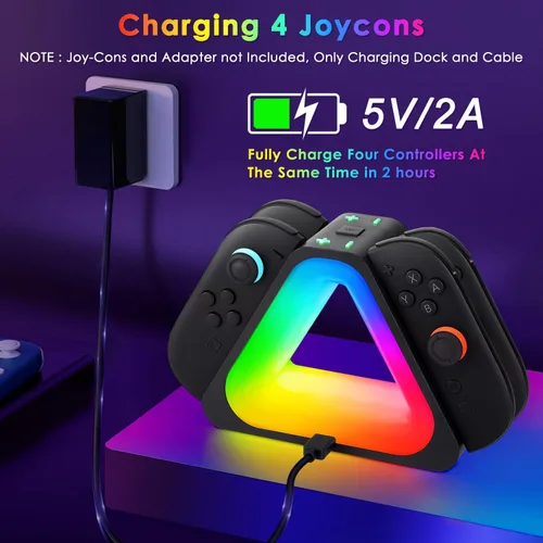 Vista 2 de Base de carga para controladores Switch2 Joy-Cons, estación de carga de 4 puertos con 7 modos de luz RGB, carga rápida para Nintendo Switch2