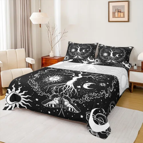 Vista 13 de Erosebridal Juego de sábanas tamaño individual con estampado de luna, diseño de flores de loto, color morado degradado, juego de sábanas orientales