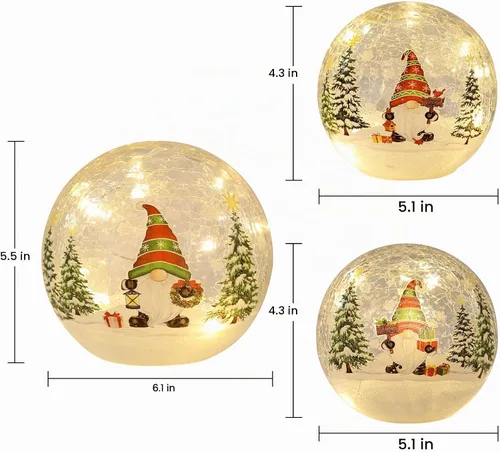 Vista 3 de PHITRIC Decoraciones de Navidad para interior, 3 piezas de espumosos gnomos navideños con bolas de vidrio brillantes, luces LED y temporizador