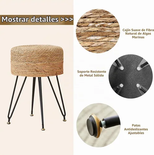 Vista 5 de Taburete de maquillaje de tocador, taburete otomano de hierba marina natural tejido a mano, taburete moderno multifuncional, taburete de tocador