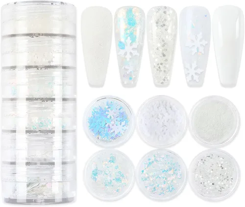 Vista 8 de Lentejuelas artísticas de uñas navideñas, copos de nieve azul holográficos, redondos, mariposa, corazón, copos de purpurina para decoración