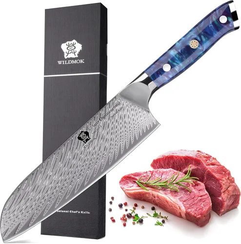 Vista 11 de WILDMOK Cuchillo Santoku, cuchillo de cocina japonés forjado de damasco de 7 pulgadas, cuchillo de cortar profesional, diseño de mango afilado