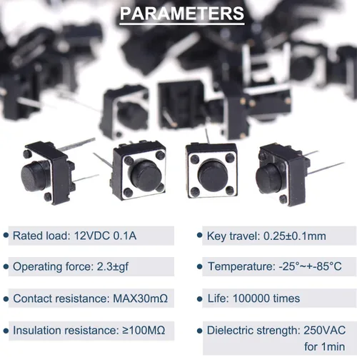 Vista 3 de Botón táctil táctil de 2 pines, interruptor momentáneo vertical de 0.236 x 0.236 x 0.197 in, componentes electrónicos para panel PCB