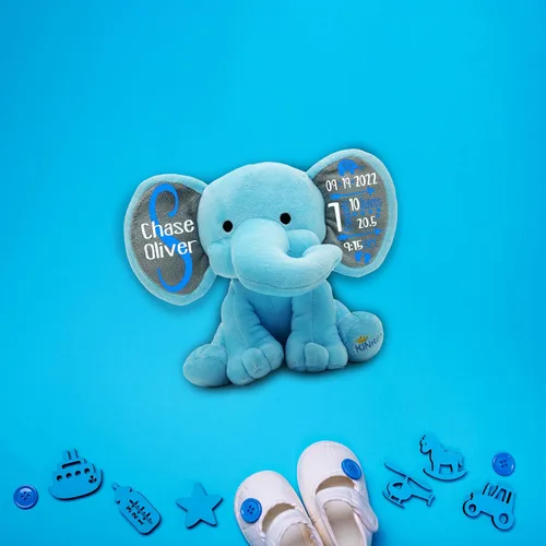 Vista 5 de Animal de peluche de elefante personalizado - Anuncio de estadísticas de nacimiento personalizadas, animales de peluche de elefante para bebés, baby
