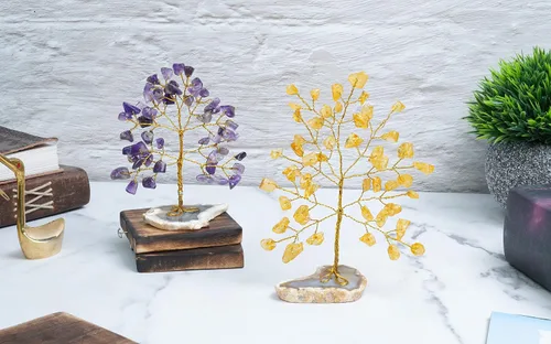 Vista 2 de Árbol de la vida de amatista y cristal de citrino, árbol de la vida de chakras, árbol de piedras preciosas, base de geoda, árbol de dinero, bonsái