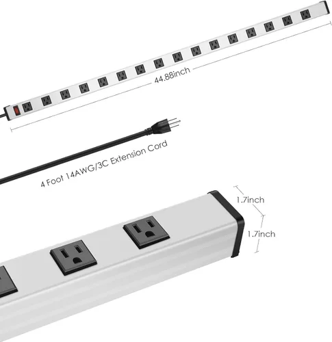 Vista 3 de JUNNUJ Tira de alimentación larga de metal con 16 tomas, regleta industrial de alta resistencia con amplio espaciado para garaje con cable de 4 pies