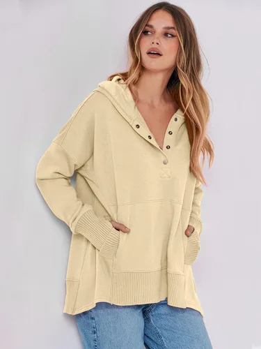 Vista 8 de ANRABESS Sudadera casual con botones y cuello en V para mujer, sudadera de gran tamaño con capucha y bolsillos