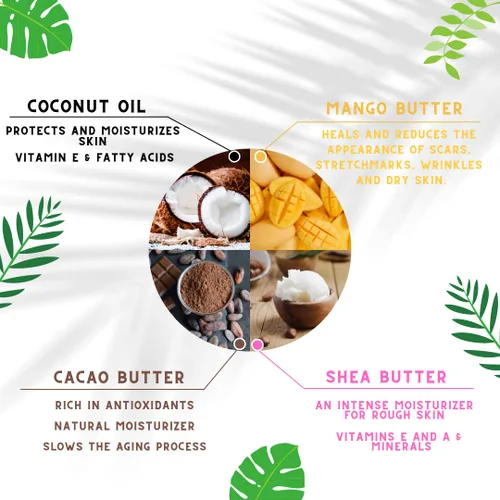 Vista 5 de OMM Collection Soufflé de mantequilla corporal batida natural para piel seca y dañada - Manteca de karité batida con vitamina E y A, aceite de coco