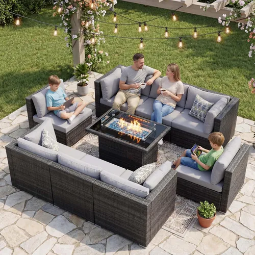 Vista 42 de NICESOUL Juego de muebles de patio de ratán extra grande con mesa para fogata de gas y propano, 29.3 pulgadas, respaldo alto, cómodos conversaciones