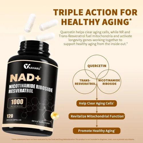 Vista 3 de Suplemento NAD 120 cápsulas – Ribosida de nicotinamida liposomal con trans-resveratrol y quercetina – 1000 mg NAD+ suplemento para hombres y mujeres