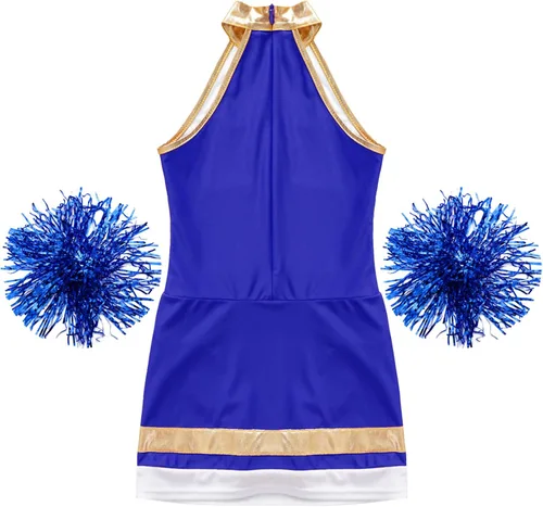 Vista 4 de Vestido de baile brillante con cuello halter para niñas, disfraz de animadora de Halloween, disfraz de uniforme de animadora, espectáculo de cosplay