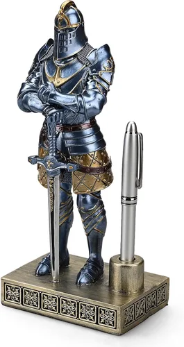 Vista 3 de Knight - Soporte decorativo para bolígrafos de resina, pisapapeles para escritorio, organizador de escritorio, regalos de festivales para novio, Azul