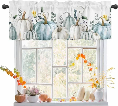 Vista 10 de Christmas Valances for Windows Kitchen Curtains Christmas Balls Bell Window Valance, Gold Star Snowflake Pine Needle Short Topper Window Curtain