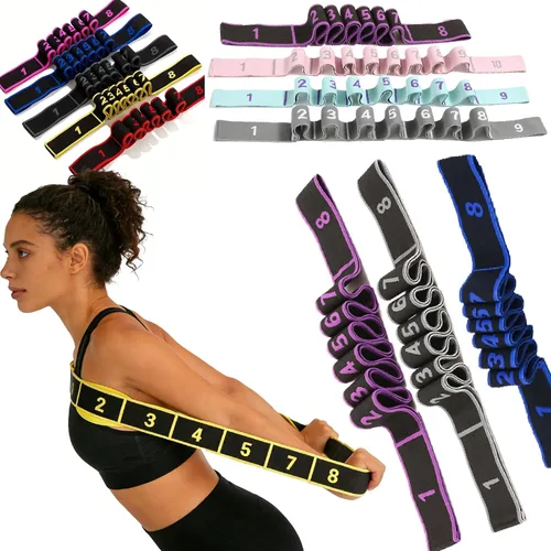 Vista 13 de Banda de resistencia de fitness para estiramiento y yoga, banda de resistencia de yoga ajustable de 8 segmentos con asas para brazos, ejercicio
