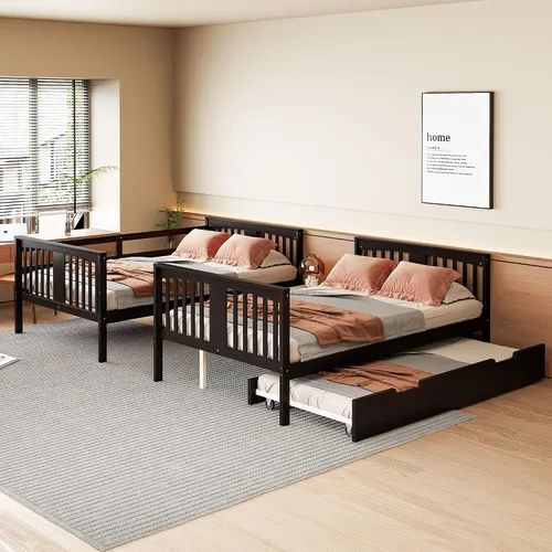 Vista 3 de Harper & Bright Designs Literas de tamaño matrimonial sobre matrimonial con cama nido, marco de cama de madera con barandilla de longitud completa