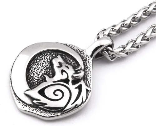 Vista 2 de BAVIPOWER Colgante de cabeza de lobo vikingo Fenrir de acero inoxidable, collar nórdico, potente joyería pagana para hombres y mujeres, protección