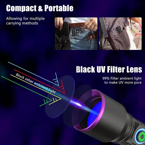 Vista 2 de Linterna UV de 365nm luz negra recargable, potente linterna de luz negra