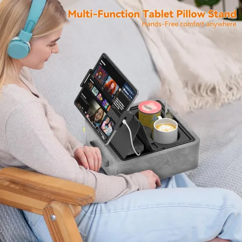 Vista 9 de KDD Soporte de almohada para tableta, soporte ajustable para iPad para cama, regazo y escritorio con dos portavasos y bandeja de almacenamiento