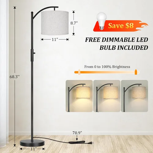 Vista 3 de ROTTOGOON Lámpara de pie regulable, lámparas de pie de arco para sala de estar, lámpara de pie moderna de atenuación continua con pantalla de lino
