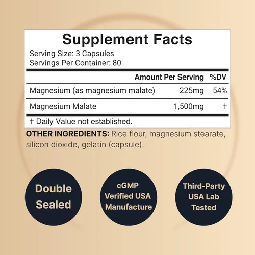 Vista 4 de Malato de magnesio 1500 mg por porción, 240 cápsulas, quelado para una alta absorción, suplemento mineral para la energía y sistema nervioso, sin