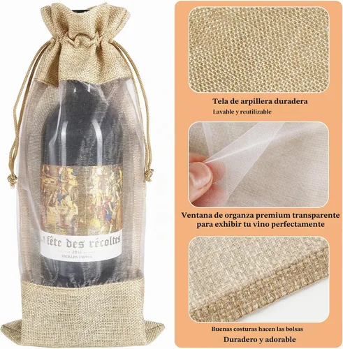 Vista 2 de HRX Package 10 piezas de bolsas de vino de arpillera con ventana transparente, bolsas de regalo de botella de tela de arpillera con cordón