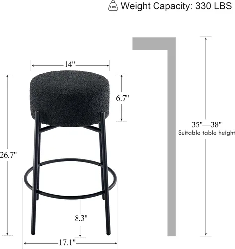 Vista 5 de Juego de 2 taburetes de bar modernos de altura de mostrador, taburetes de bar giratorios negros Boucle para isla de cocina, cómodas sillas tapizadas