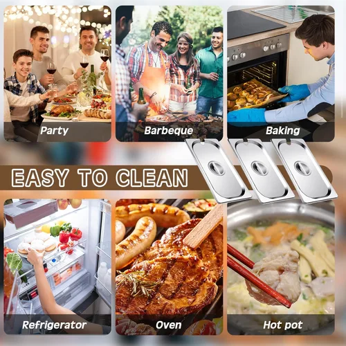 Vista 6 de Bokon Paquete de 6 tapas de sartén de mesa de vapor de 1/3 de acero inoxidable con asa, cubierta de bandeja de comida para catering, ranurada