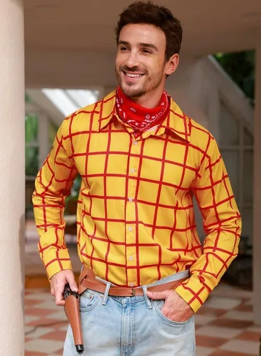 Vista 5 de Arvilhill Disfraz de Halloween para adultos, camisa de vaquero a cuadros con botones para hombre