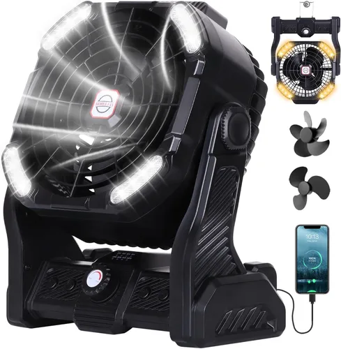 Vista 9 de RUNTOP Ventilador de 20000 mAh, funciona con pilas, ventilador de campamento de 2 aspas, ventiladores de escritorio recargables por USB con luz LED
