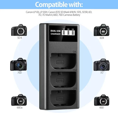Vista 2 de ENEGON LP-E6 LP-E6N LP-E6NH Cargador USB LCD de triple ranura para Canon EOS 5D Mark II III y IV, 70D, 5Ds, 6D, 5DsR, 80D, 7D y 7D Mark II, EOS 60D