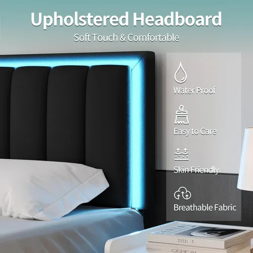 Vista 4 de IMMERSTABLE - Bases de cama tamaño individual, tapizadas con cabecero, luces LED RGB, soporte resistente con listones de madera, sin ruido, no Negro