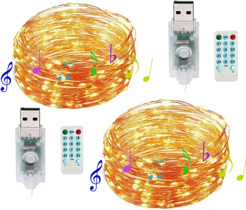 Vista 9 de Paquete de 2 tiras de luces de música activadas por sonido, 100 luces LED de alambre plateado de 33 pies con temporizador remoto para dormitorio
