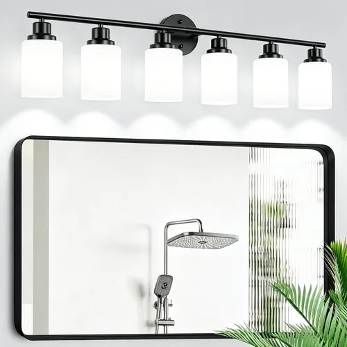 Vista 52 de Paquete de 2 luces de tocador de 1 luz, lámpara de baño de níquel cepillado con pantalla de vidrio blanco lechoso texturizado, accesorio