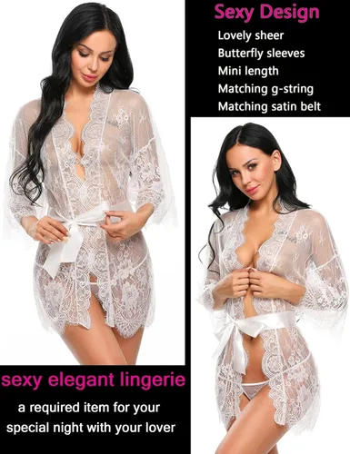 Vista 3 de Avidlove - Kimono de encaje para mujer, tipo babydoll, camisón de malla de lencería de talla S-5XL