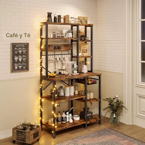 Vista 2 de GRUSIGN Estante para hornear de cocina con almacenamiento, estación de barra de café de 6 niveles con toma de corriente, soporte para microondas