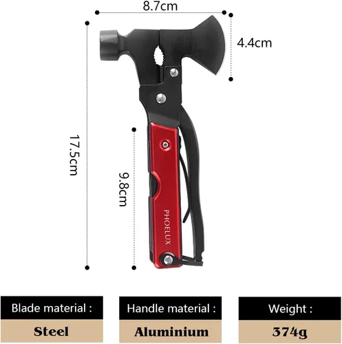 Vista 2 de Martillo de hacha multiherramienta 16 en 1 para acampar (rojo) con cuchillo, alicates, sierra, desincrustador de peces, destornillador, abrelatas