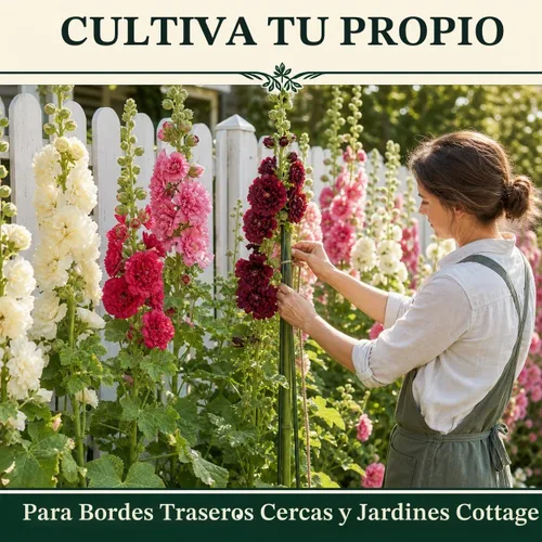 Vista 2 de 100 semillas dobles de Hollyhock – Flores perennes de reliquia multicolor, ideales para bordes y jardines de cabaña