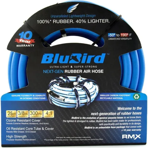 Vista 11 de BLUBIRD BB3810 - Manguera de aire de goma de 3/8 pulgadas x 10 pies, 100% goma, más ligera, más fuerte, más flexible, 300 PSI, 50F a 190F grados