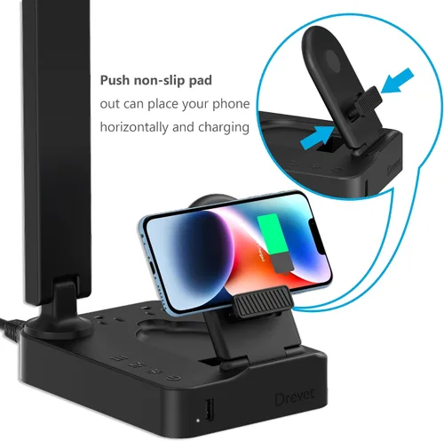 Vista 6 de Drevet Lámpara de escritorio LED con cargador inalámbrico, luz de mesa de escritorio con puerto de carga USB y 2 tomas de corriente, 3 modos