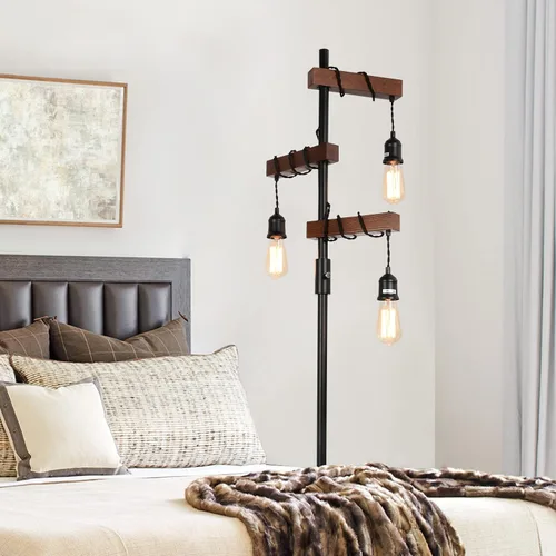 Vista 6 de Lámpara de pie industrial regulable, lámpara de pie de árbol de granja, lámpara de pie de madera de 68 pulgadas, 3 luces, base resistente, luz