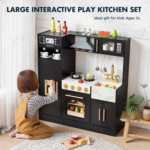 Vista 8 de Cocina de Juego para Niños, Juego de Cocina de Madera con Accesorios Realistas, Cocina de Lujo para Niños Pequeños, Campana Extractora