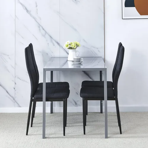Vista 7 de Juego de 4 mesas de comedor y sillas negras modernas de 5 piezas para cocina pequeña, mesa rectangular de vidrio templado y 4 sillas de terciopelo