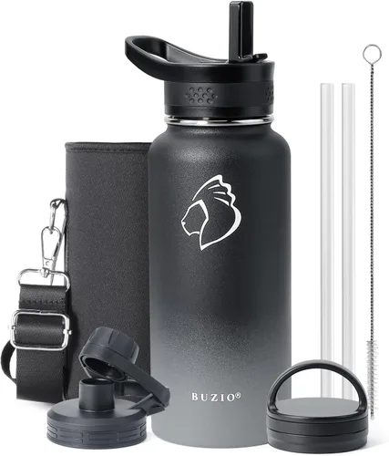 Vista 30 de BUZIO Botella de agua de 32 onzas aislada con popote y 3 tapas y bolsa de transporte, a prueba de fugas, frasco jarra de agua de acero inoxidable
