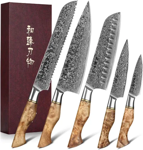 Vista 12 de HEZHEN Cuchillo utilitario de 5 pulgadas con filo de navaja - Acero de Damasco con patrón de rosa multifuncional VG10 cuchillo profesional
