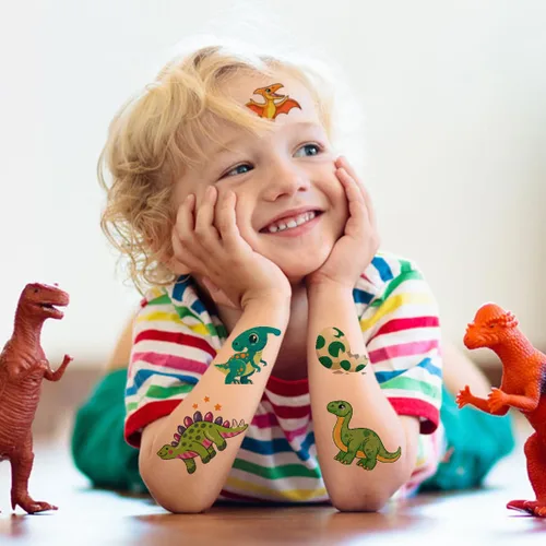 Vista 4 de CHARLENT 110 estilos de tatuajes temporales de dinosaurios con purpurina para niños, 14 hojas de tatuajes de dinosaurios con purpurina para niños
