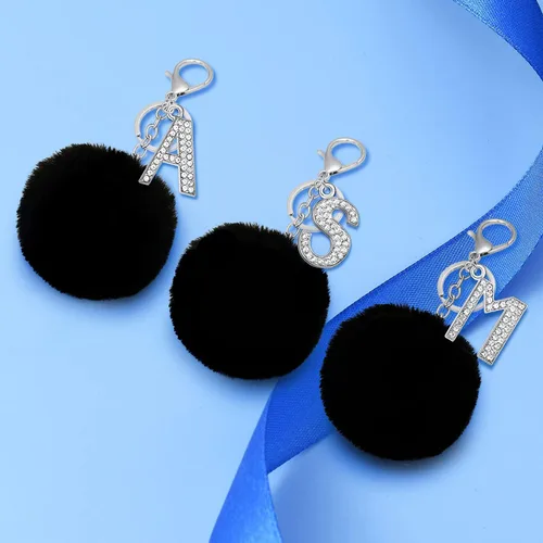 Vista 2 de malyunin Llavero con inicial del alfabeto con pompón para mujeres y niñas, llavero de cristal brillante, regalo de cumpleaños, llavero de amistad